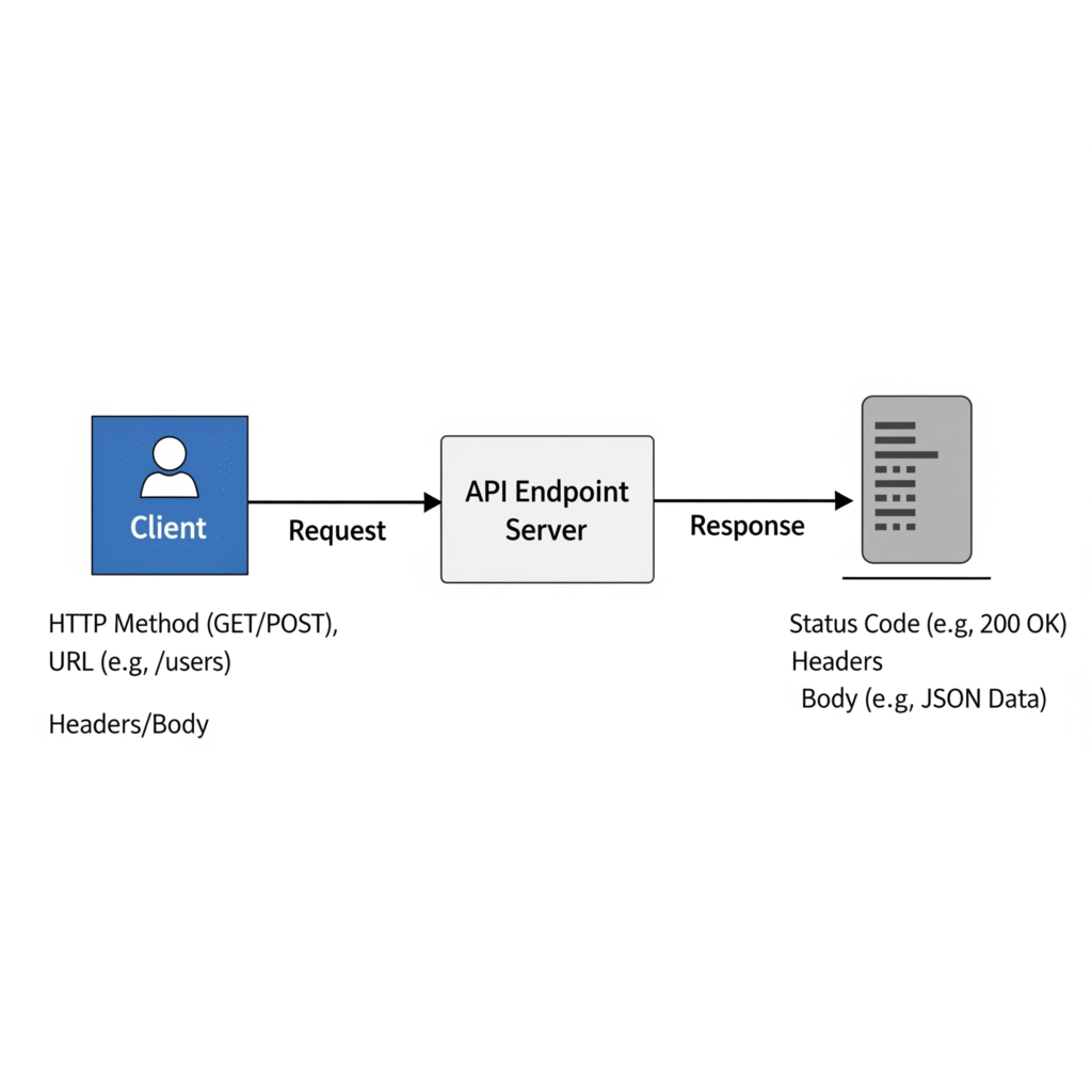  “API integration tutorial diagram showing request, response, and endpoint flow.”