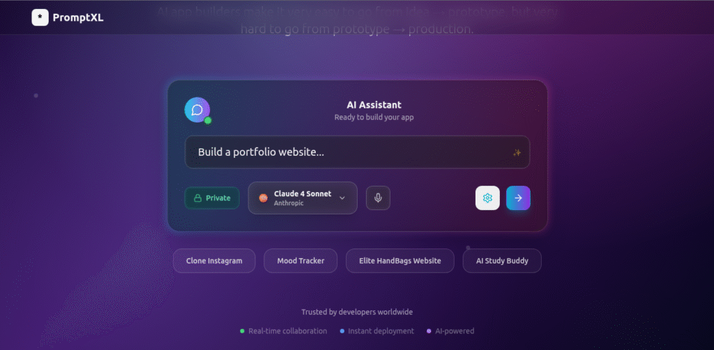 PromptXL dashboard mockup with AI prompt input.