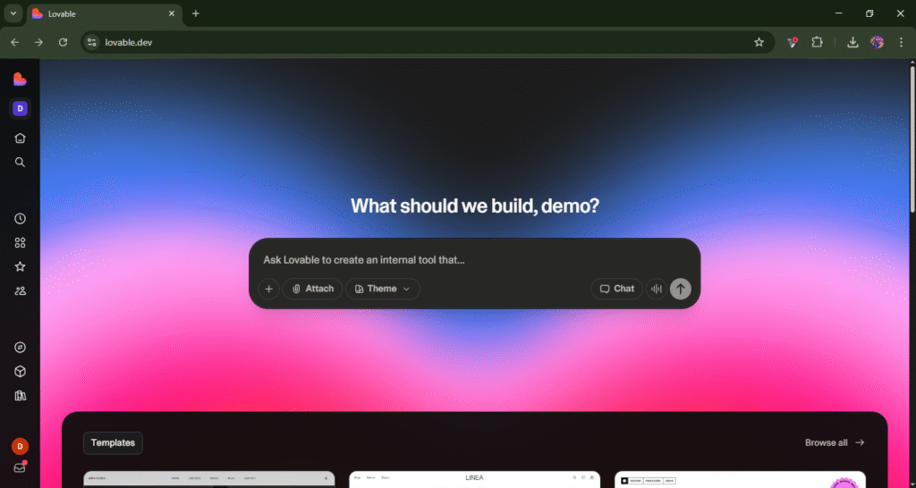 “Lovable UI-first app builder interface showing visual design workflow as a Base44 alternative”