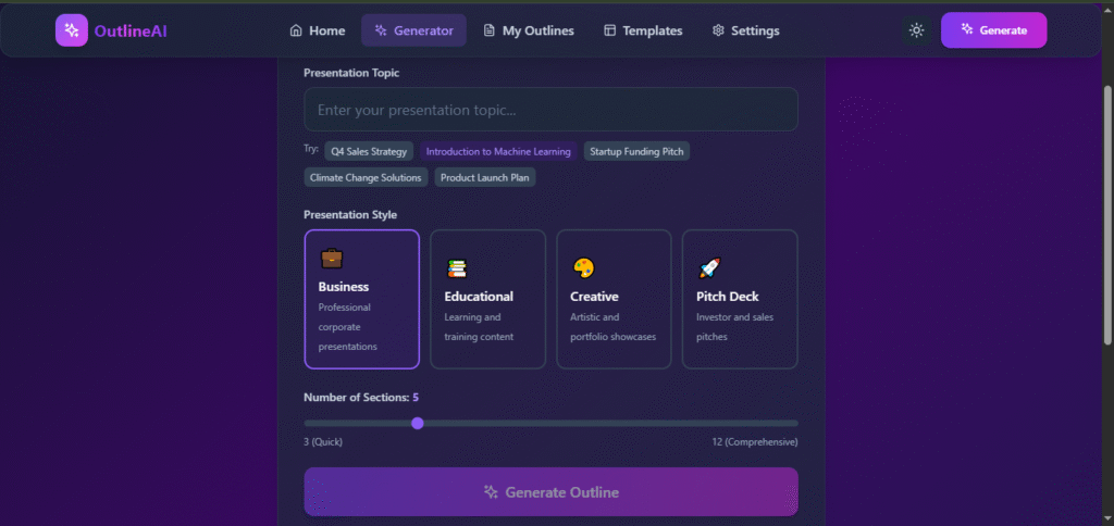 “How presentation outline maker works showing topic input, slide structure creation, and outline generation”