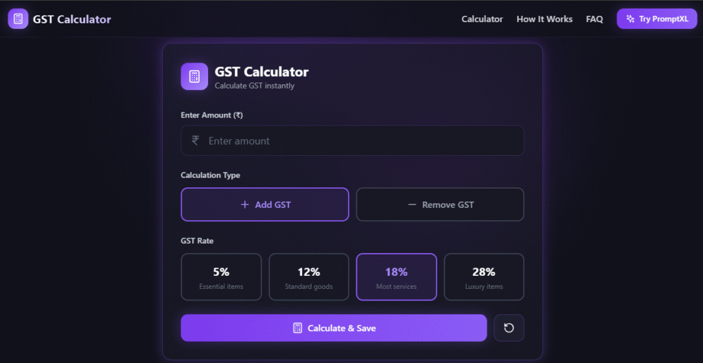 “How free GST calculator generator works showing amount input, GST rate selection, and instant CGST, SGST calculation”