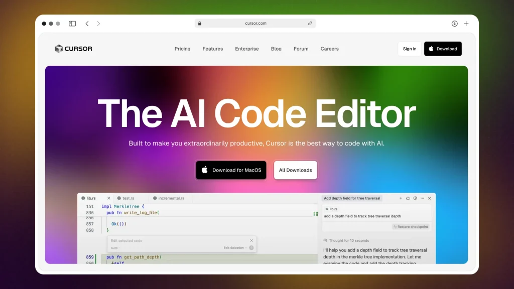 Cursor featured as the best AI code editor among Replit alternatives