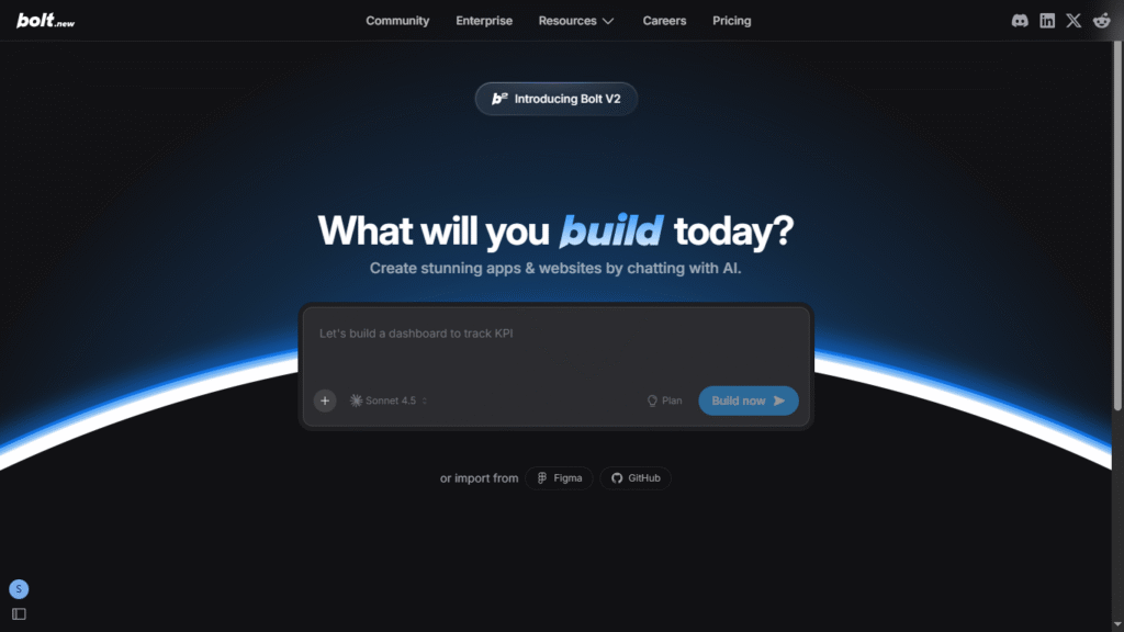 Bolt.new homepage displaying a fast AI app builder and lightweight Floot alternative for rapid prototyping and MVP development.