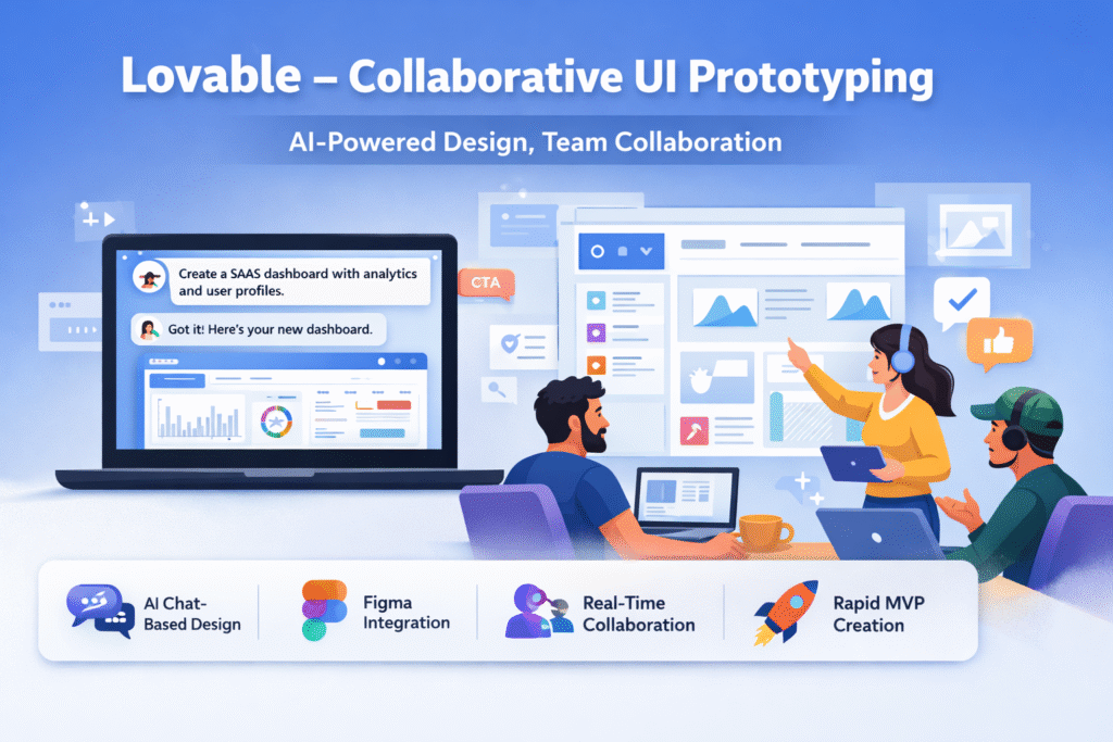 Lovable collaborative UI prototyping interface with team design workflow shown as a modern framer alternative platform