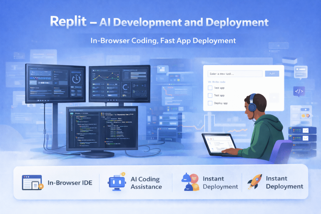 Replit AI coding environment with system monitor and deployment workflow representing a developer-focused framer alternative